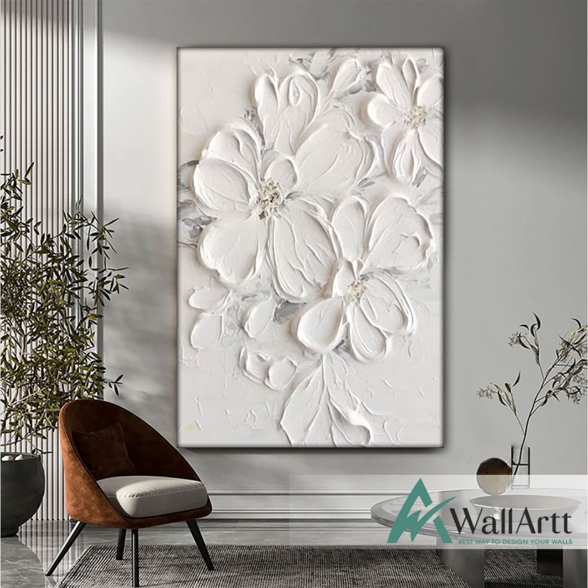 Embossed White Flowers 3d Heavy Textured Partial Oil Painting